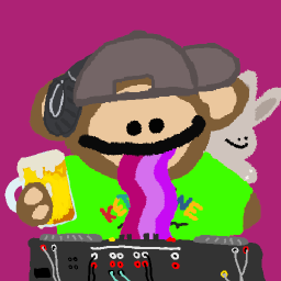 Honorary DJ Puppet wearing headphones behind the mixing decks